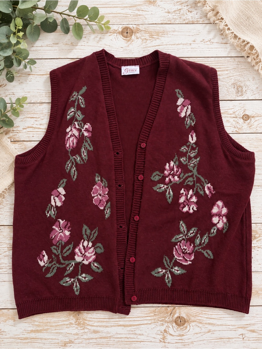 VINTAGE Grace Burgundy Floral Knit Button-Up Vest